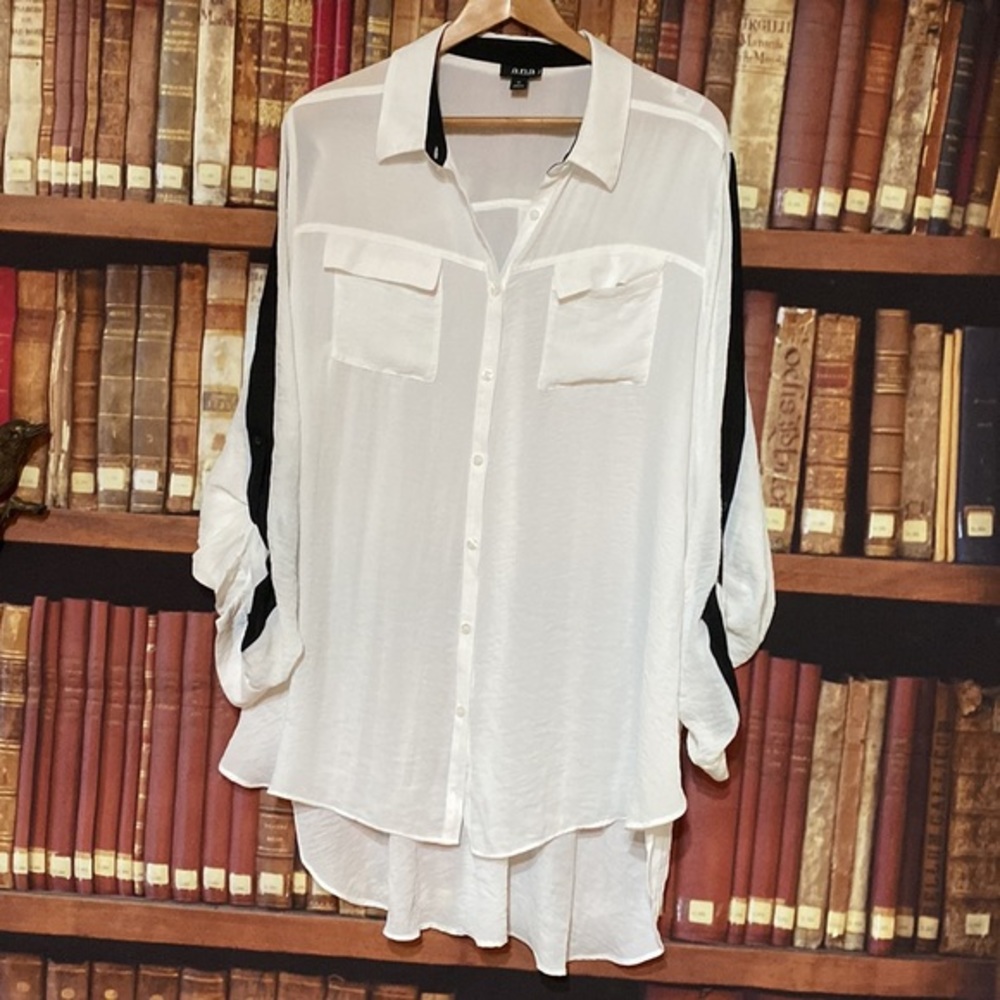 NWT a.n.a White Black Colorblock High Low Sheer Button Blouse Plus Size 1X